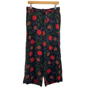 Joie Wide Leg Cropped Pants Medium Black Floral Colorful Belted Slimming